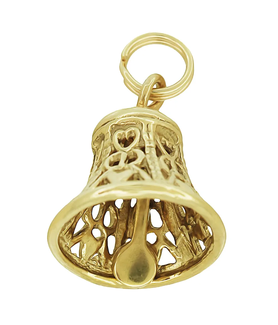 Filigree Hearts Ringing Bell Pendant Movable Charm in 14 Karat Yellow or White Gold