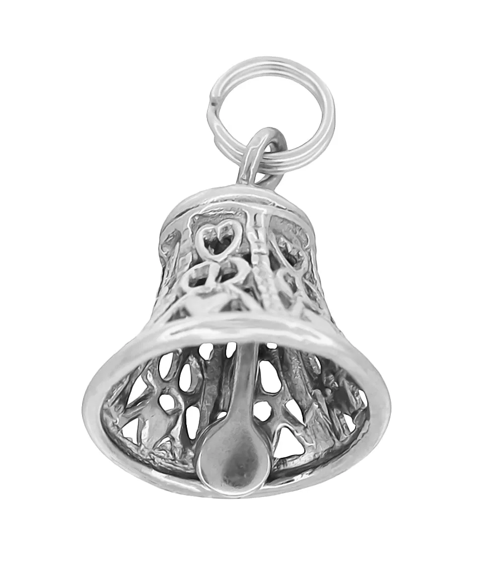 Filigree Hearts Ringing Bell Pendant Movable Charm in 14 Karat Yellow or White Gold