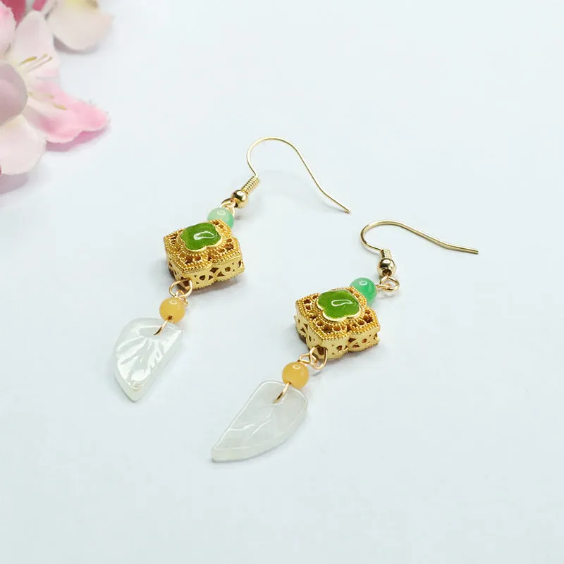 Four-Leaf Clover Sterling Silver Earrings with Natural Jade