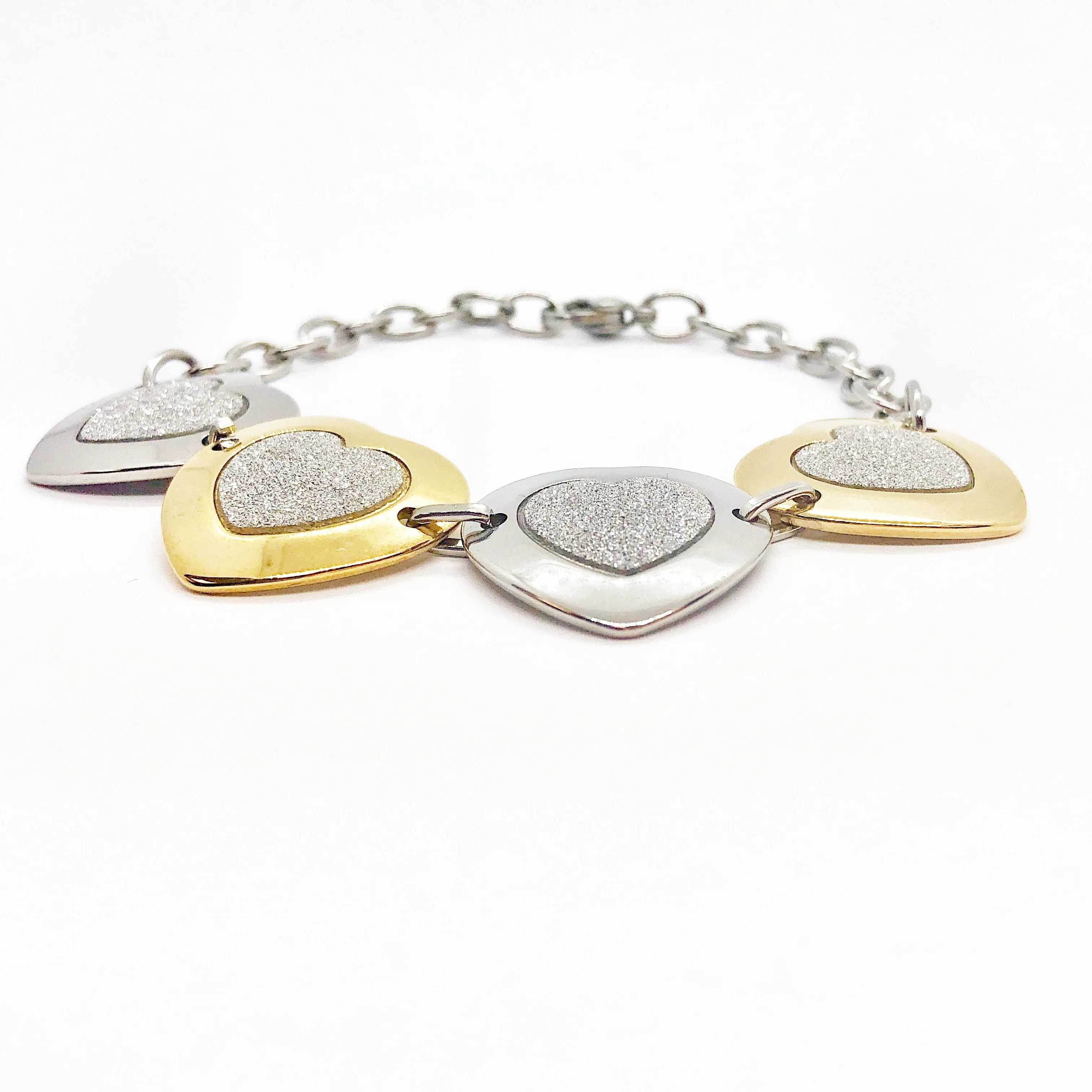 Frosted Hearts Two Tone Stainless Steel Bracelet