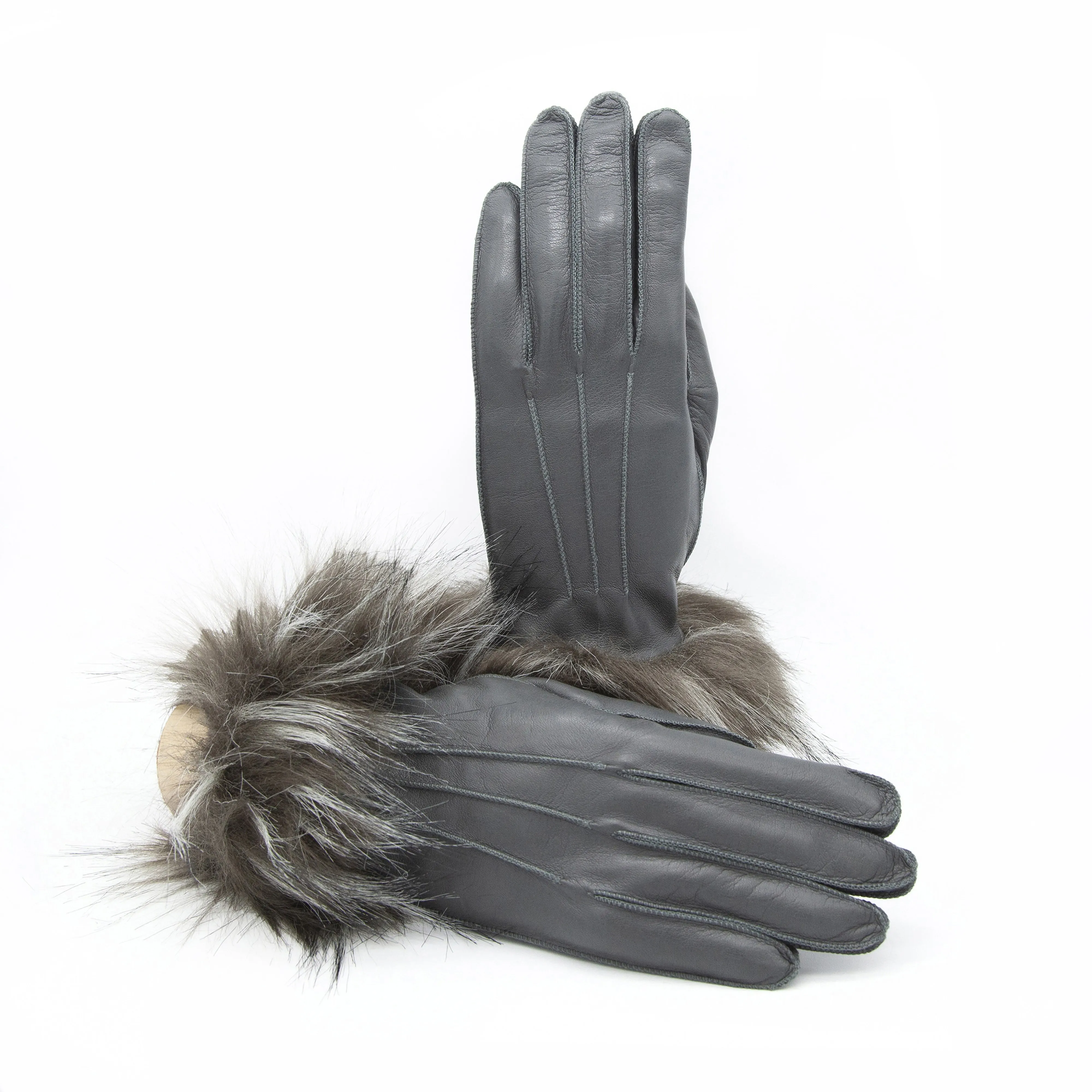 Gala Gloves Grey Leather Gloves With Fur Cuff And Cashmere Lining