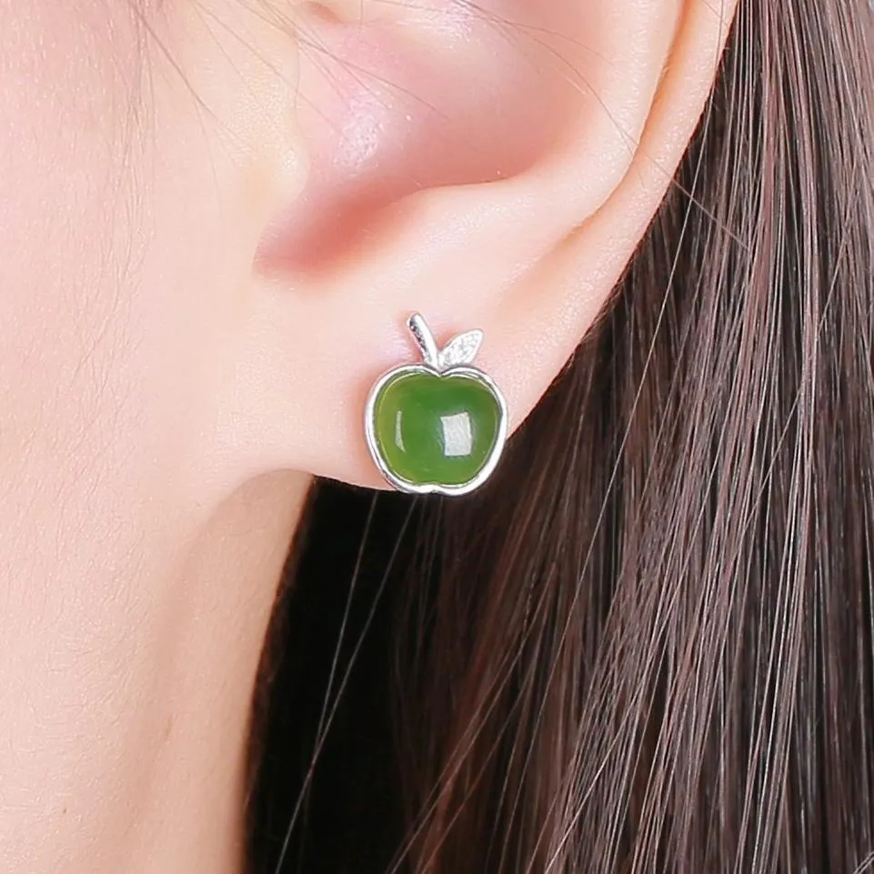 Genuine Nephrite Green Jade (high quality)  Apple Earrings