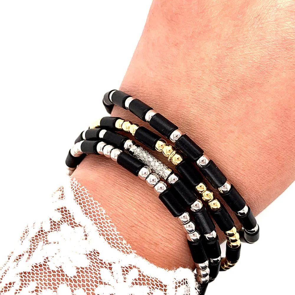 Gold & Black Onyx Diamond Bar Stretch Bracelet