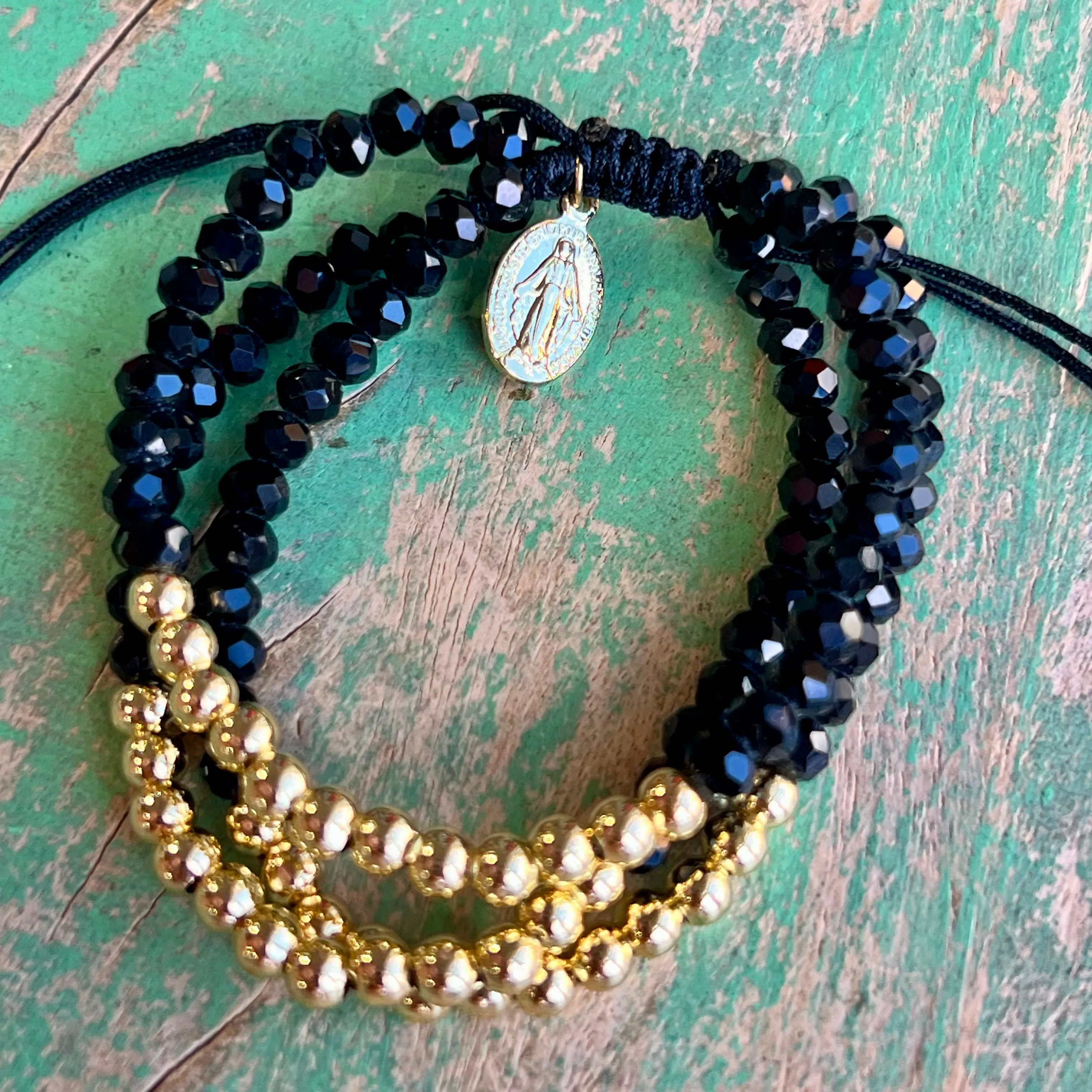 Gold and Quartz Triple Strand Miraculous Medal Adjustable Bracelet