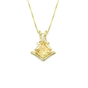 Gold Citrine Pendant - Natural Citrine Necklace, Princess Cut Gold Pendant