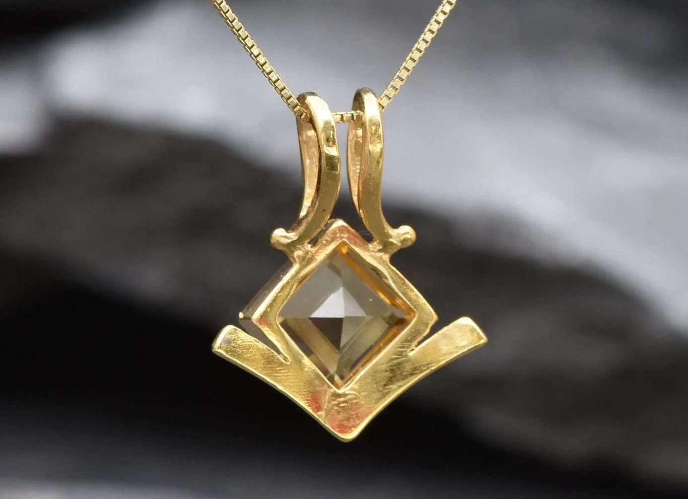 Gold Citrine Pendant - Natural Citrine Necklace, Princess Cut Gold Pendant