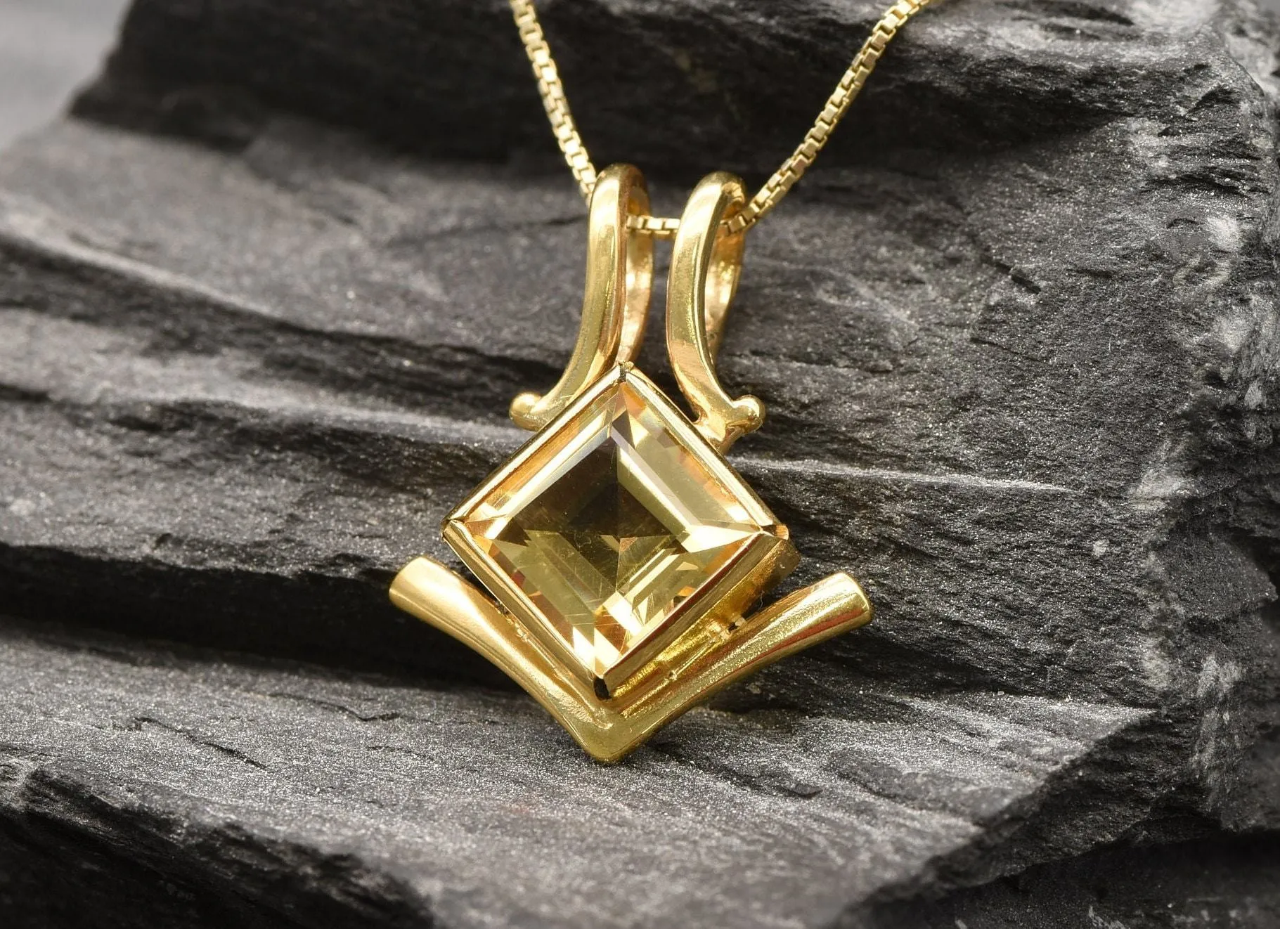 Gold Citrine Pendant - Natural Citrine Necklace, Princess Cut Gold Pendant