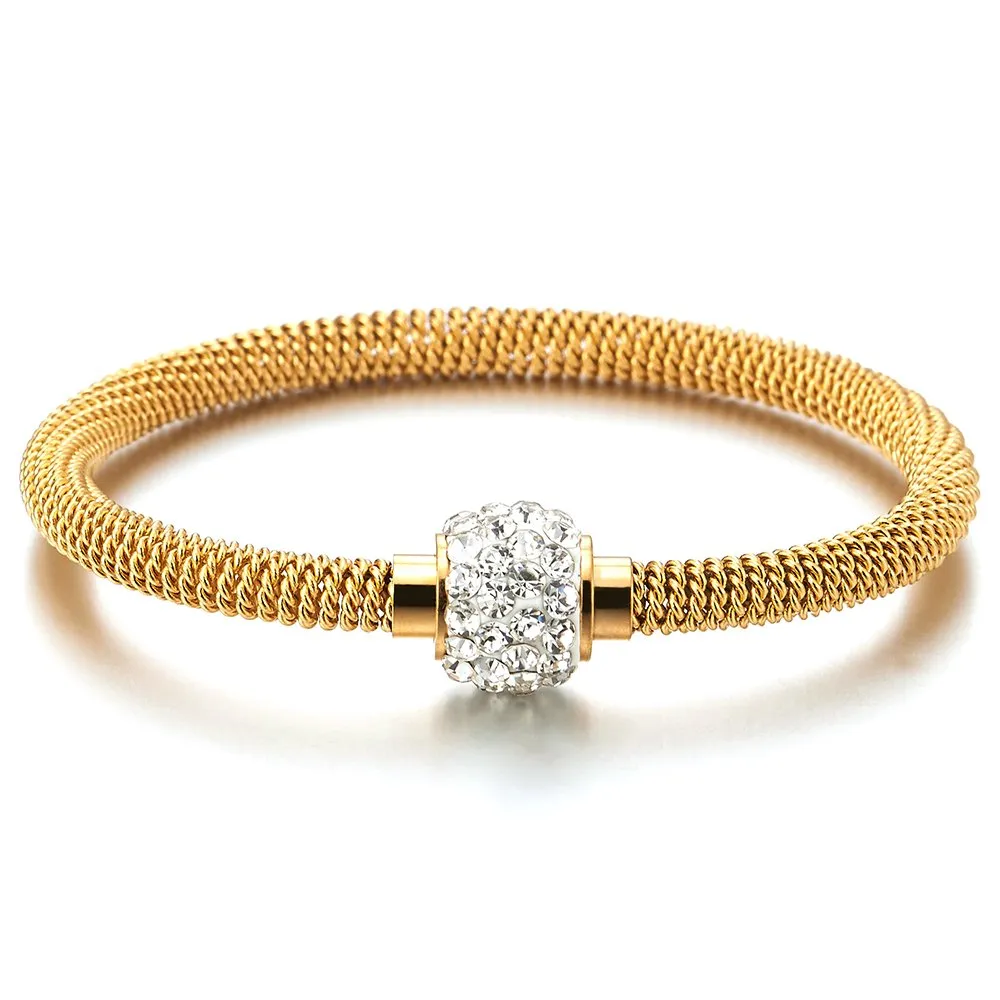 Gold Color Stainless Steel Cable Bangle Bracelet with Cubic Zirconia Charm and Magnetic Clasp