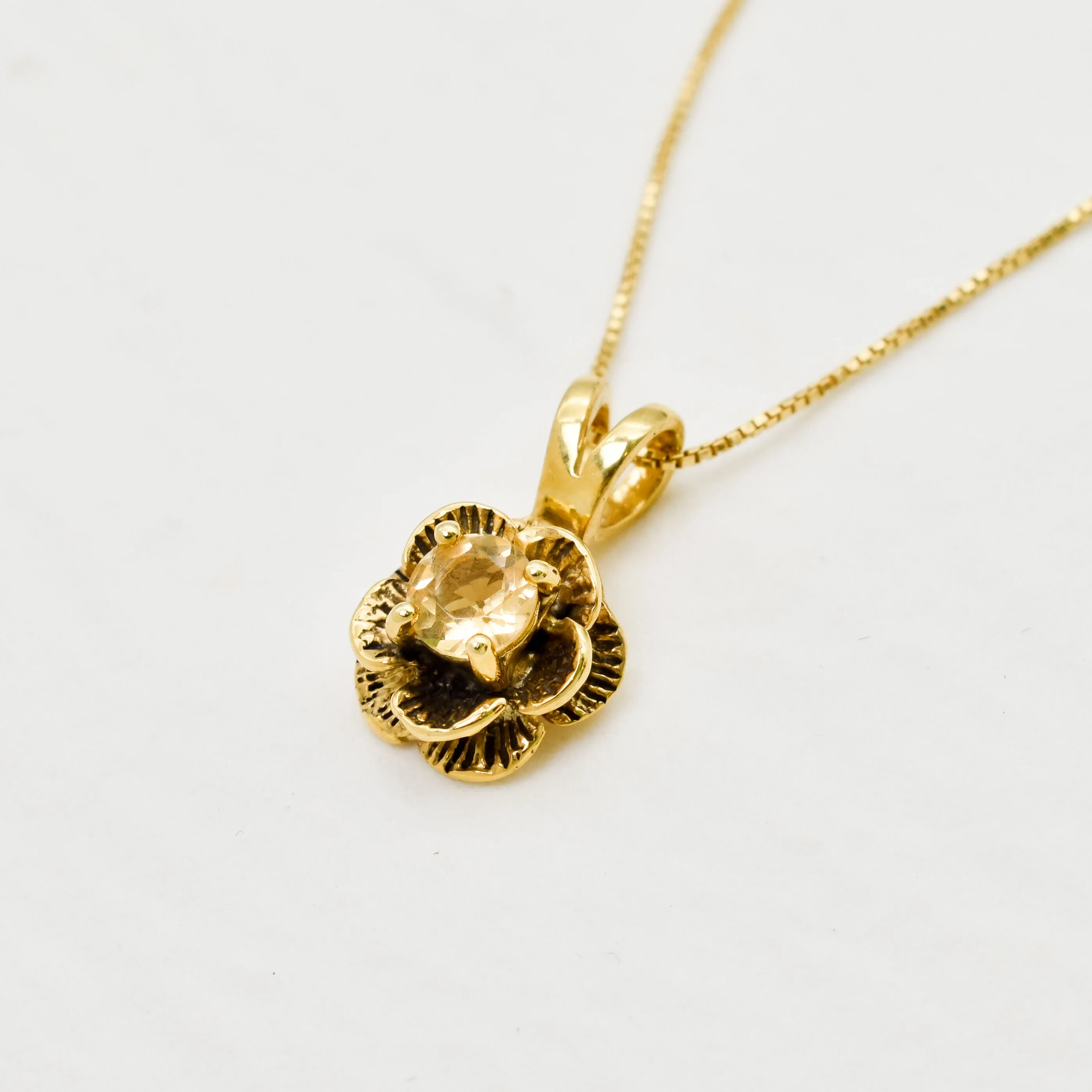 Gold Flower Pendant - Natural Citrine Necklace, Yellow Rose Pendant