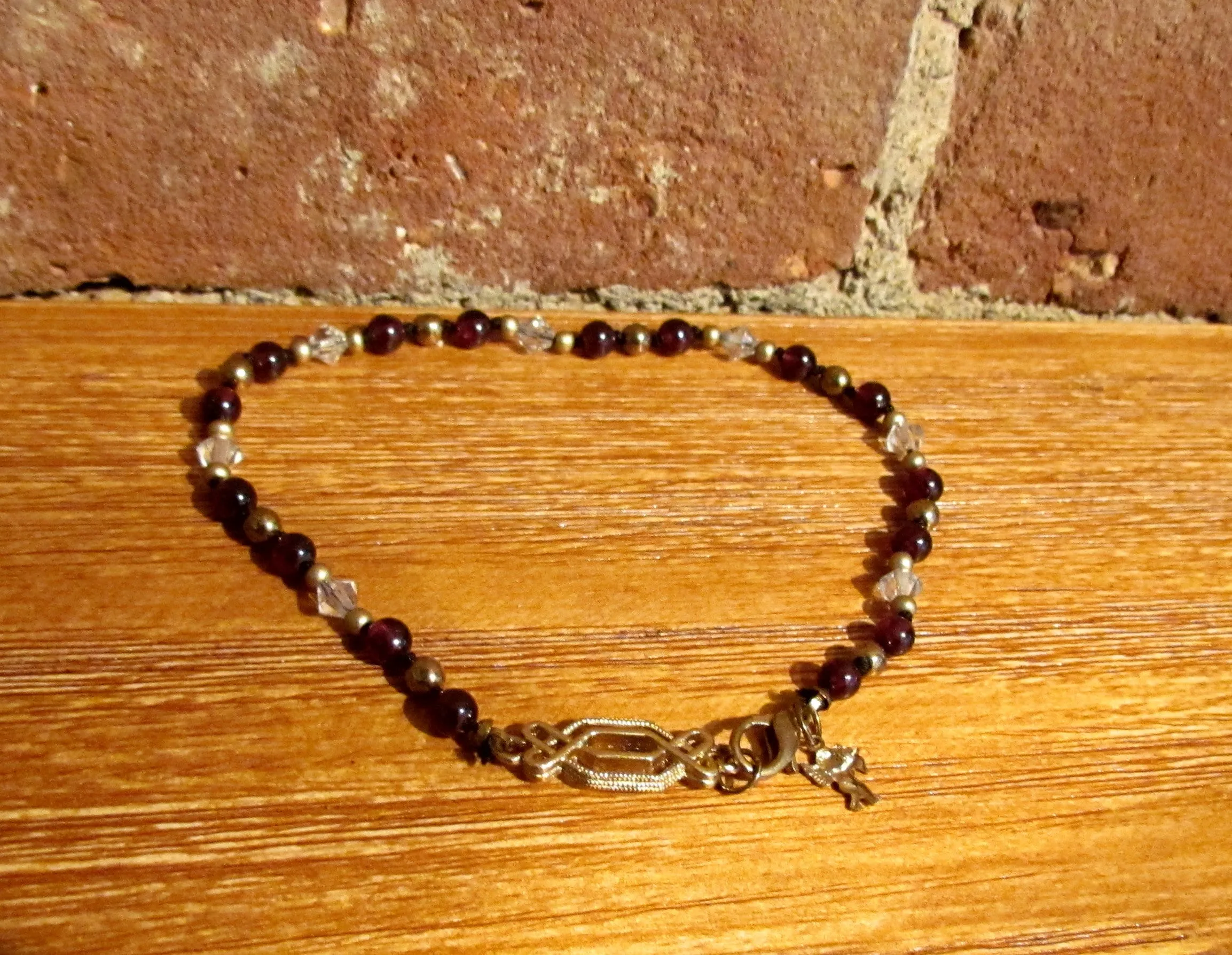 Gold Garnet Ankle Bracelet w/Cherub Handmade One Of A Kind