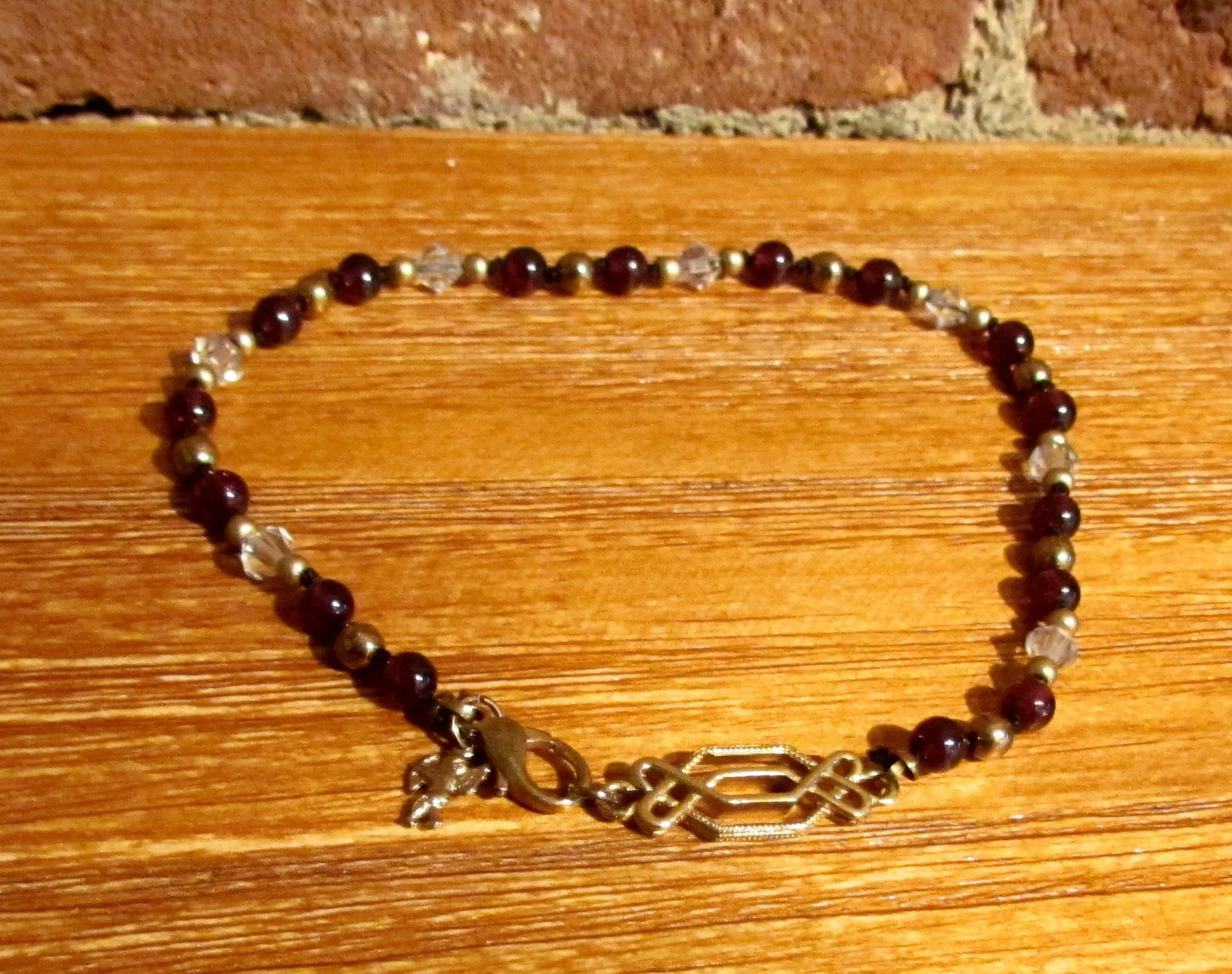 Gold Garnet Ankle Bracelet w/Cherub Handmade One Of A Kind