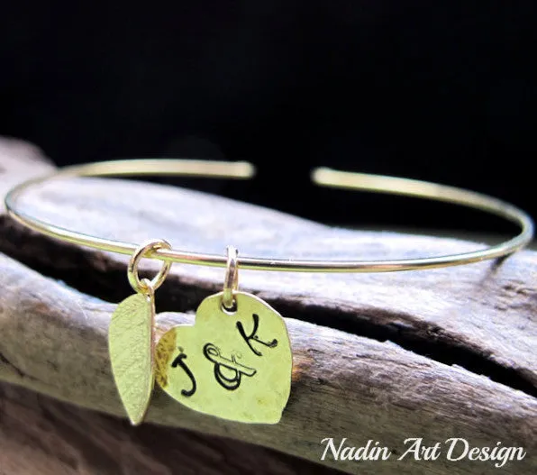 Gold Initial Leaf, Heart Charms Bangle Bracelet