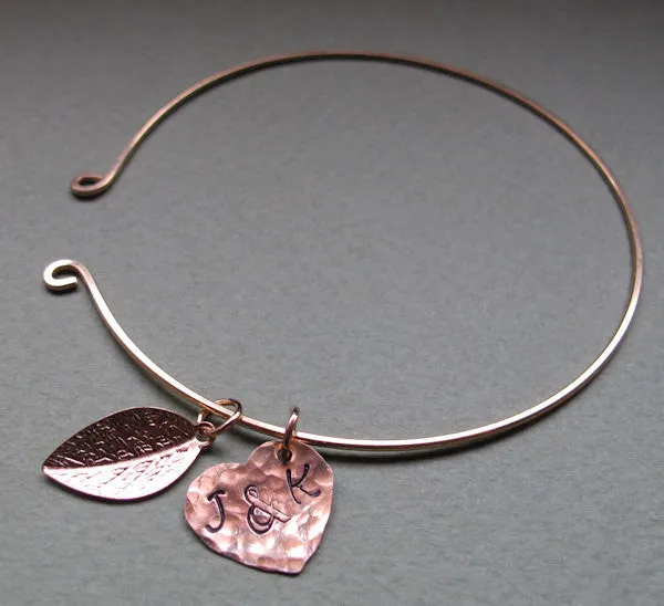 Gold Initial Leaf, Heart Charms Bangle Bracelet