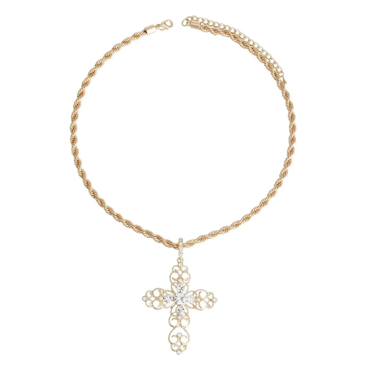 Gold Plated Filigree Cross Necklace Clear Rhinestones