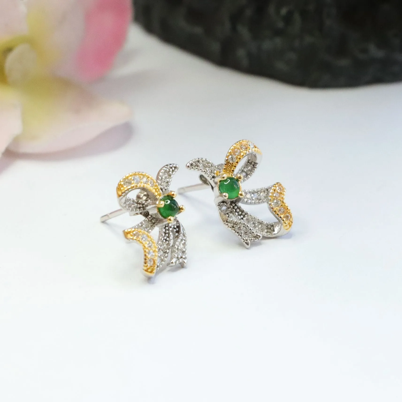 Golden Bow Green Jade Sterling Silver Earrings