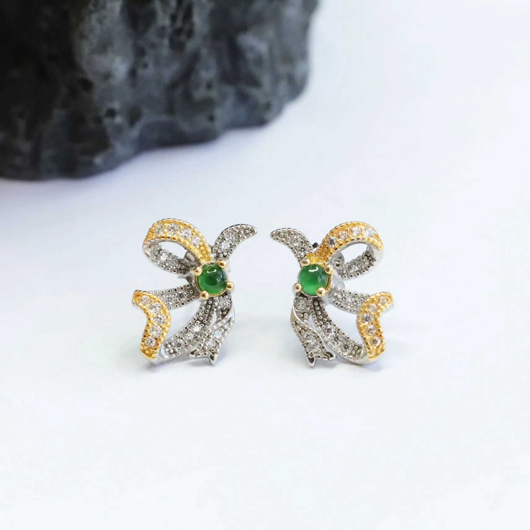 Golden Bow Green Jade Sterling Silver Earrings