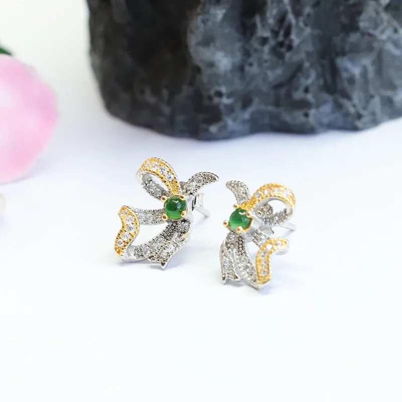 Golden Bow Green Jade Sterling Silver Earrings