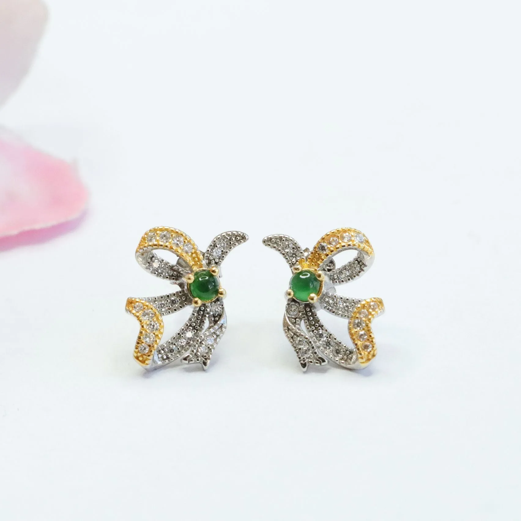 Golden Bow Green Jade Sterling Silver Earrings