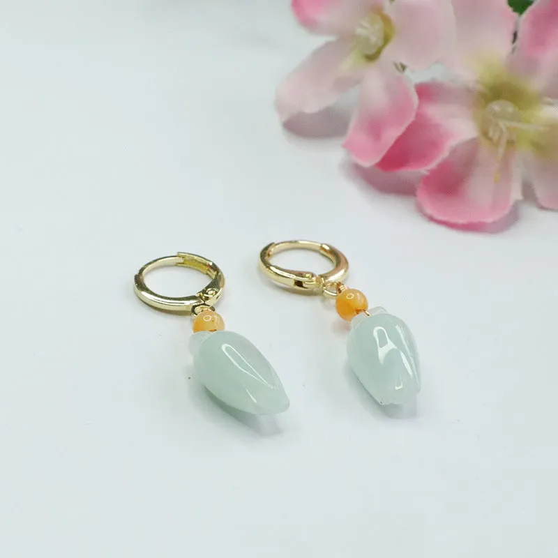 Golden Sterling Silver Hoop Earrings with Natural Burmese Jade Bud