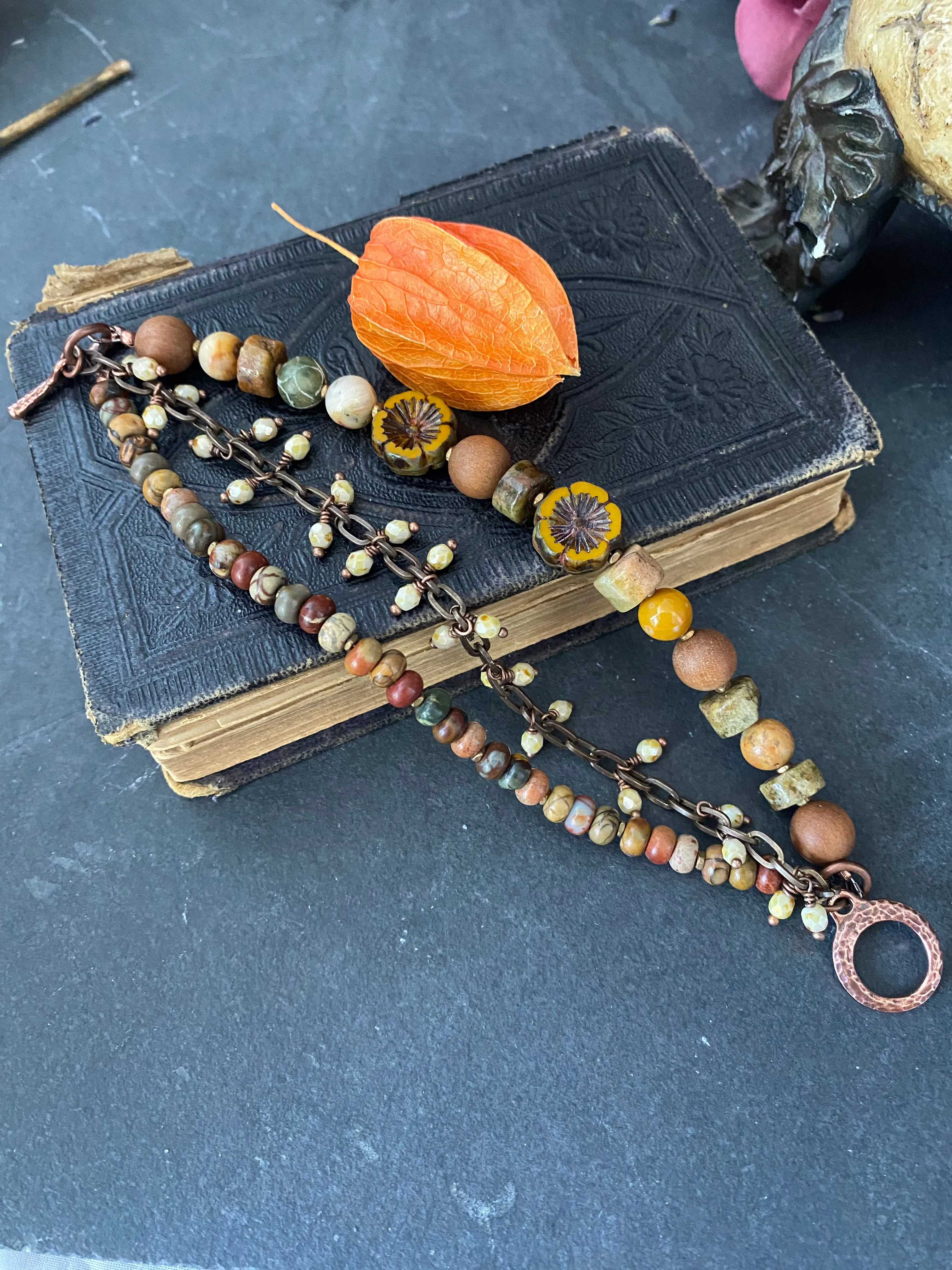 Green garnet, sandalwood, czech glass, multi strand, copper metal, bracelet.