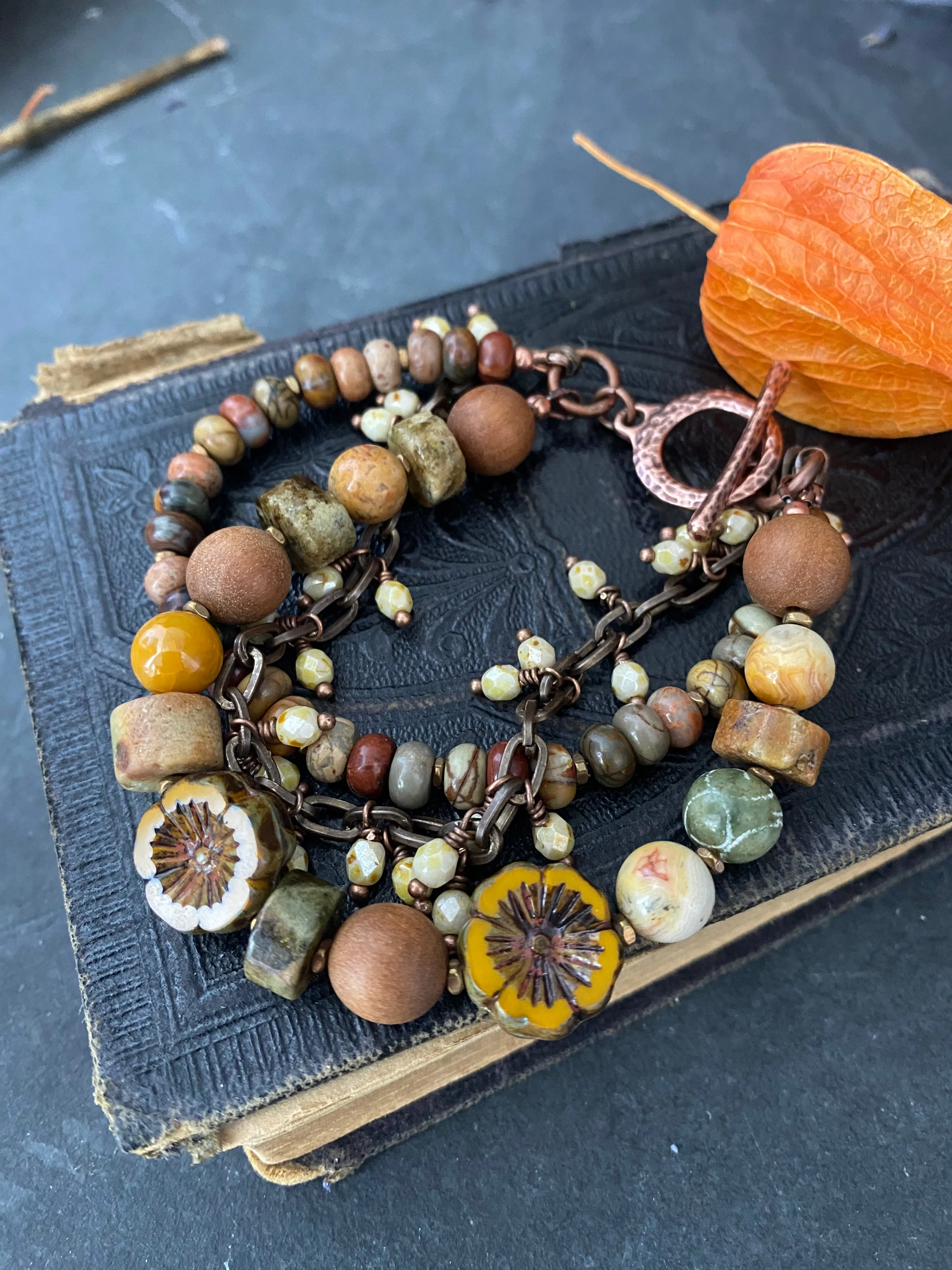 Green garnet, sandalwood, czech glass, multi strand, copper metal, bracelet.