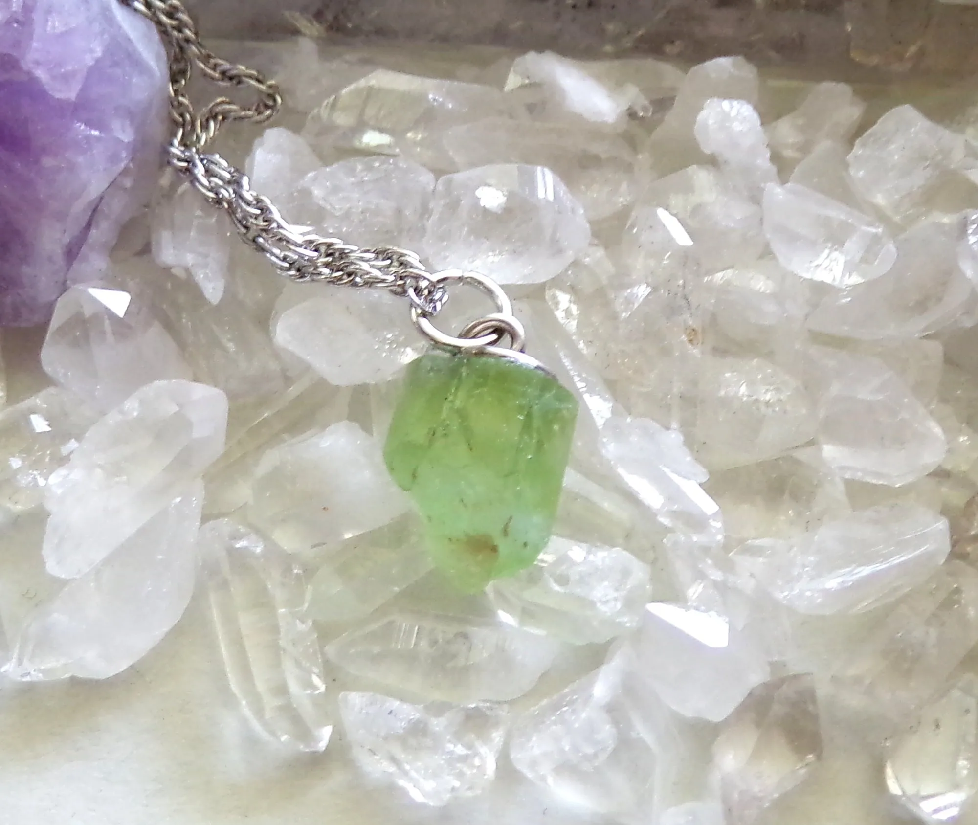 Green Peridot Natural Gemstone Crystal Point Necklace Pendant