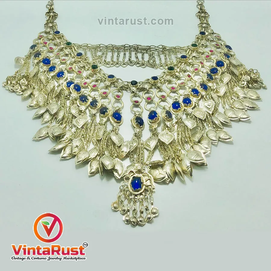 Gypsy Silver Kuchi Massive Choker With Blue Glass Stones