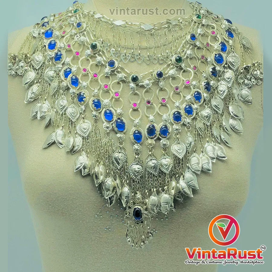 Gypsy Silver Kuchi Massive Choker With Blue Glass Stones