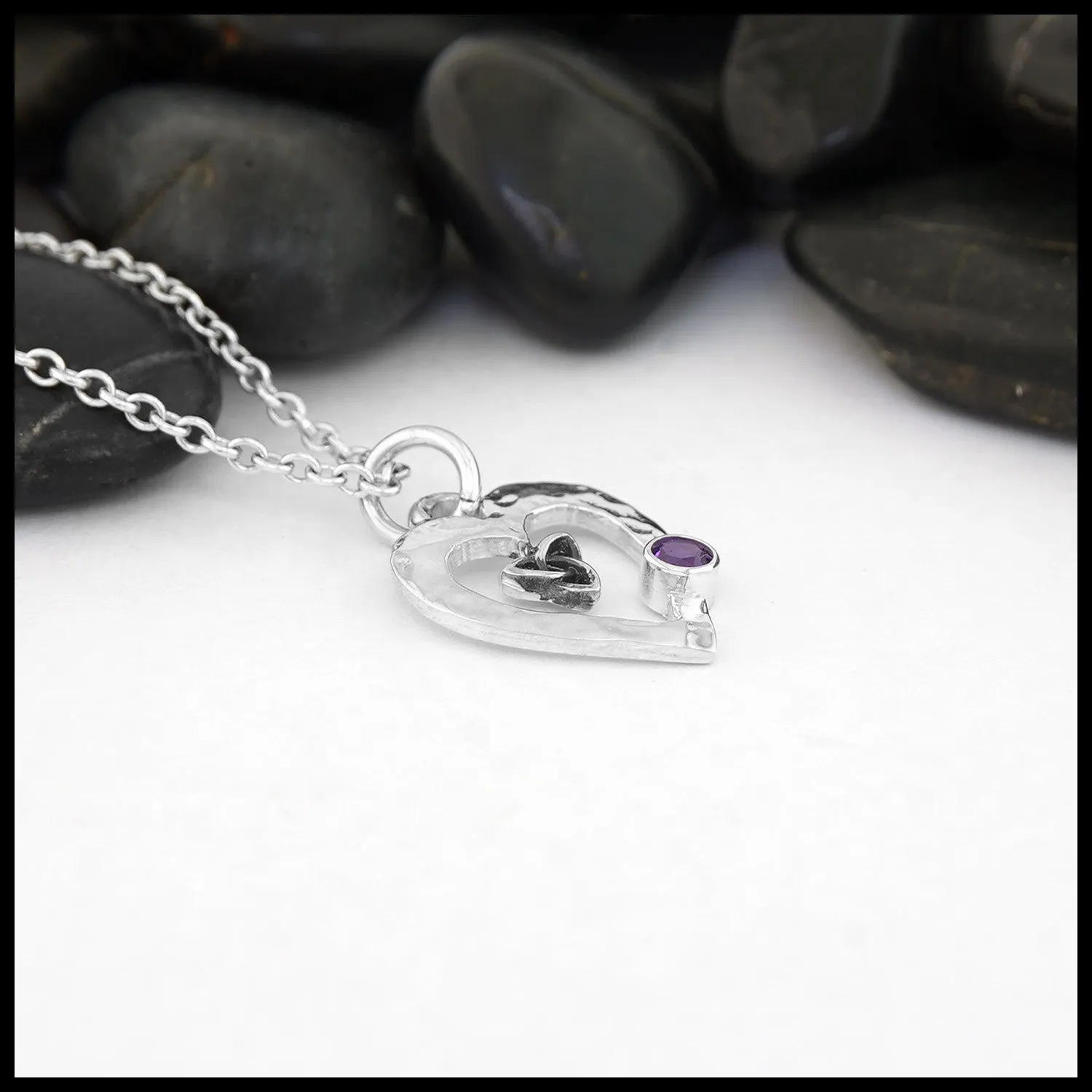 Hammered Heart Pendant with Trinity and Amethyst