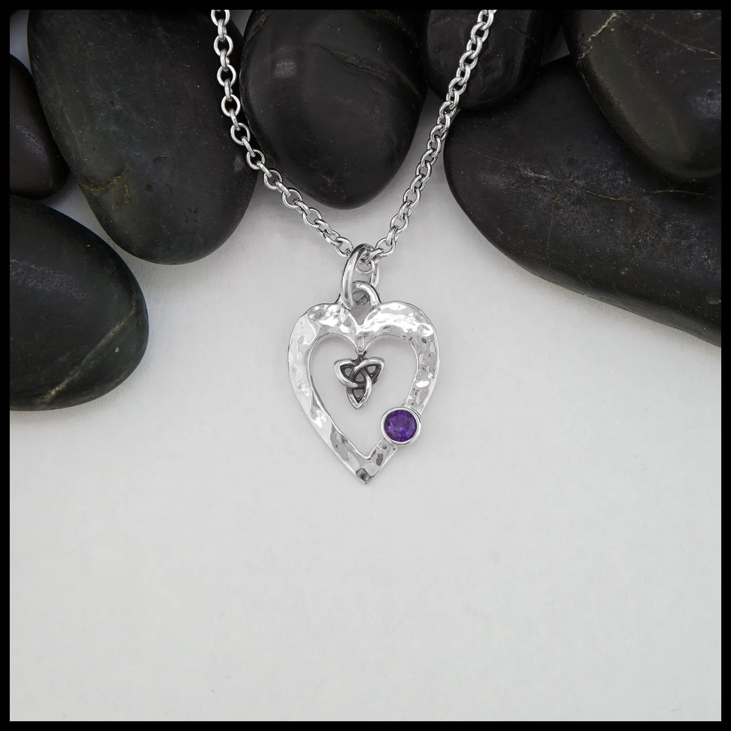 Hammered Heart Pendant with Trinity and Amethyst