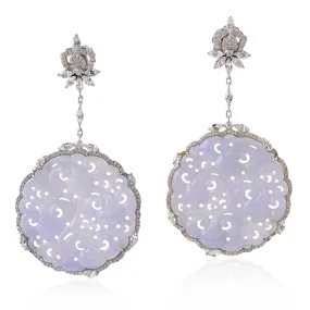 Hand Carved Filigree Jade White Sapphire Pave Diamond Danglers In 18k White Gold