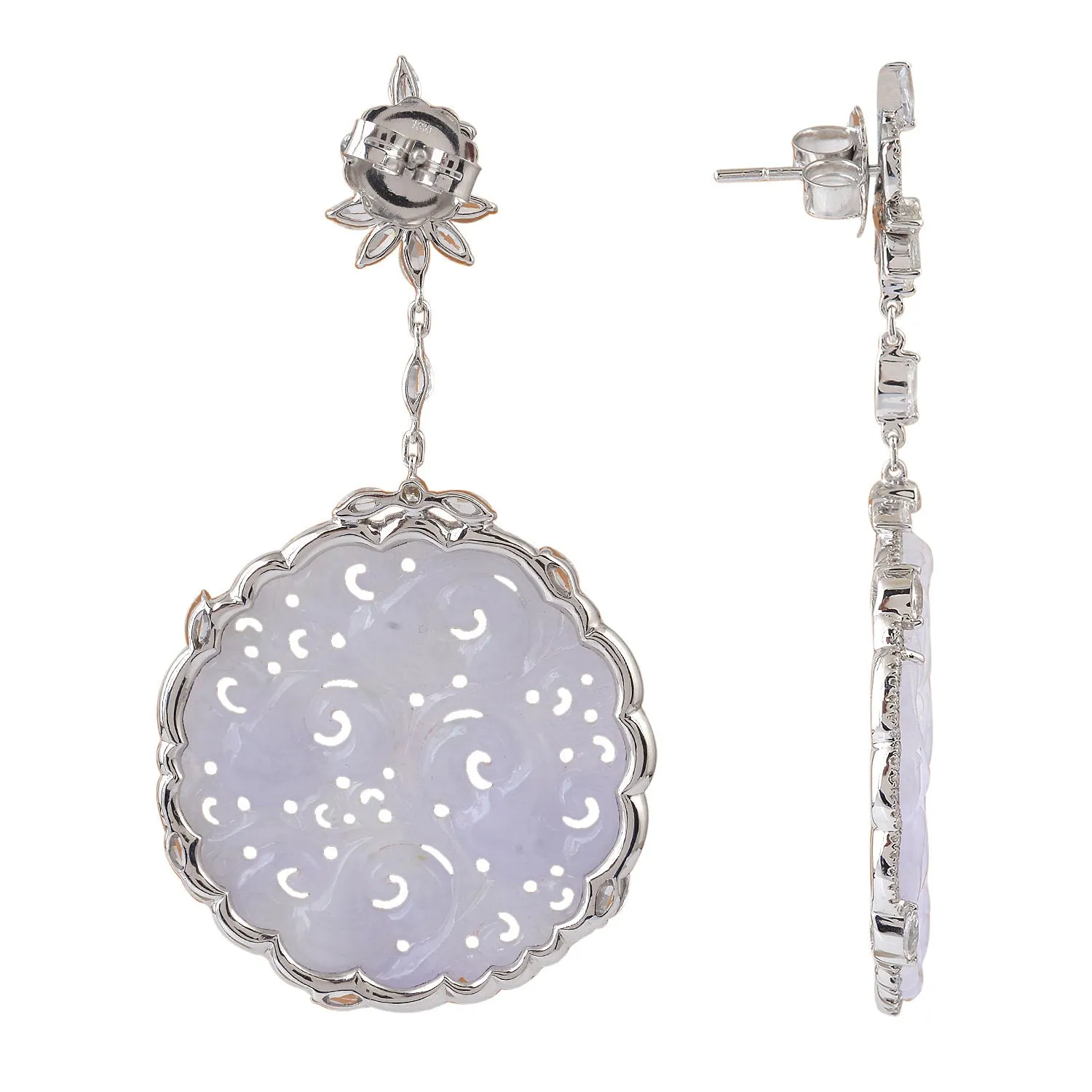 Hand Carved Filigree Jade White Sapphire Pave Diamond Danglers In 18k White Gold