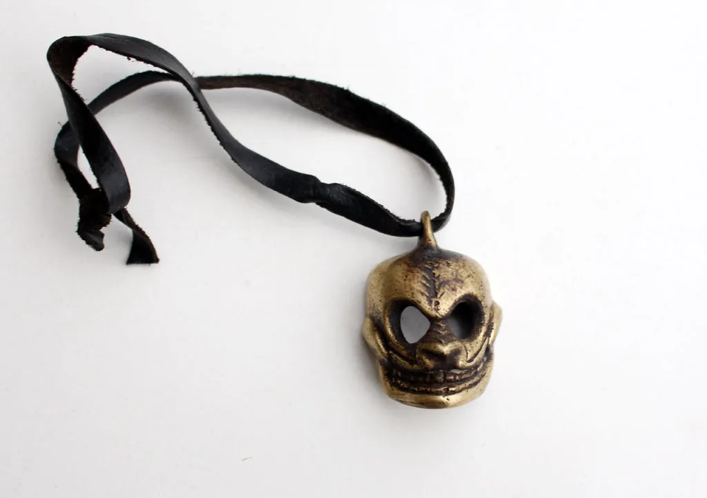 Handcarved Mini Brass Skull Halloween Pendant