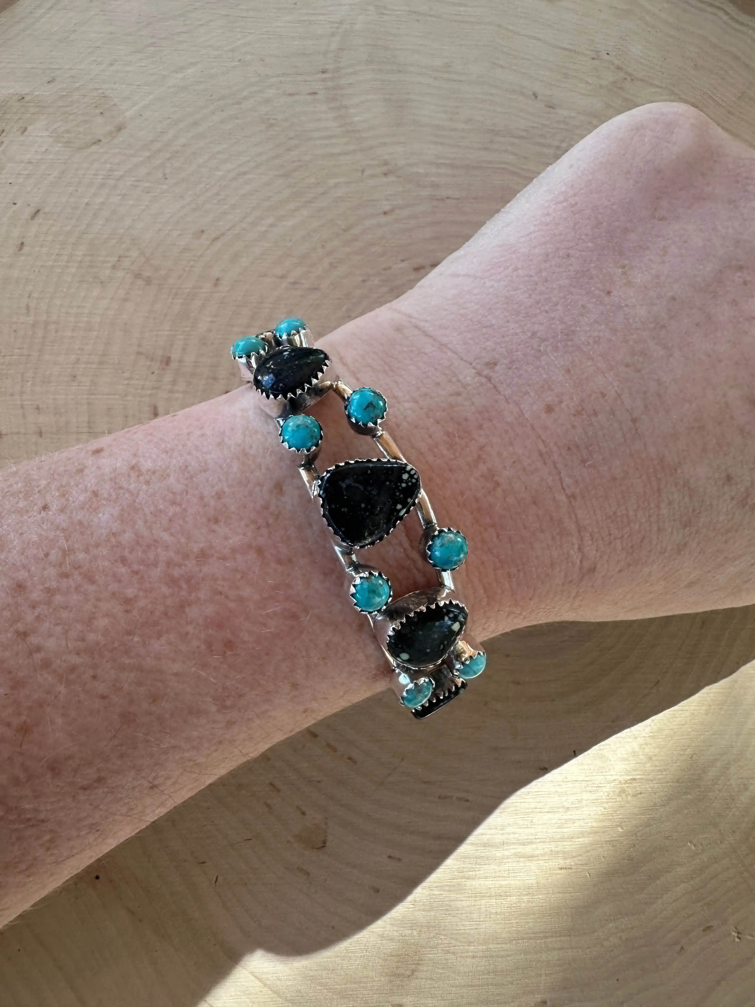 Handmade New Lander Turquoise, Kingman Turquoise & Sterling Silver Cuff Bracelet