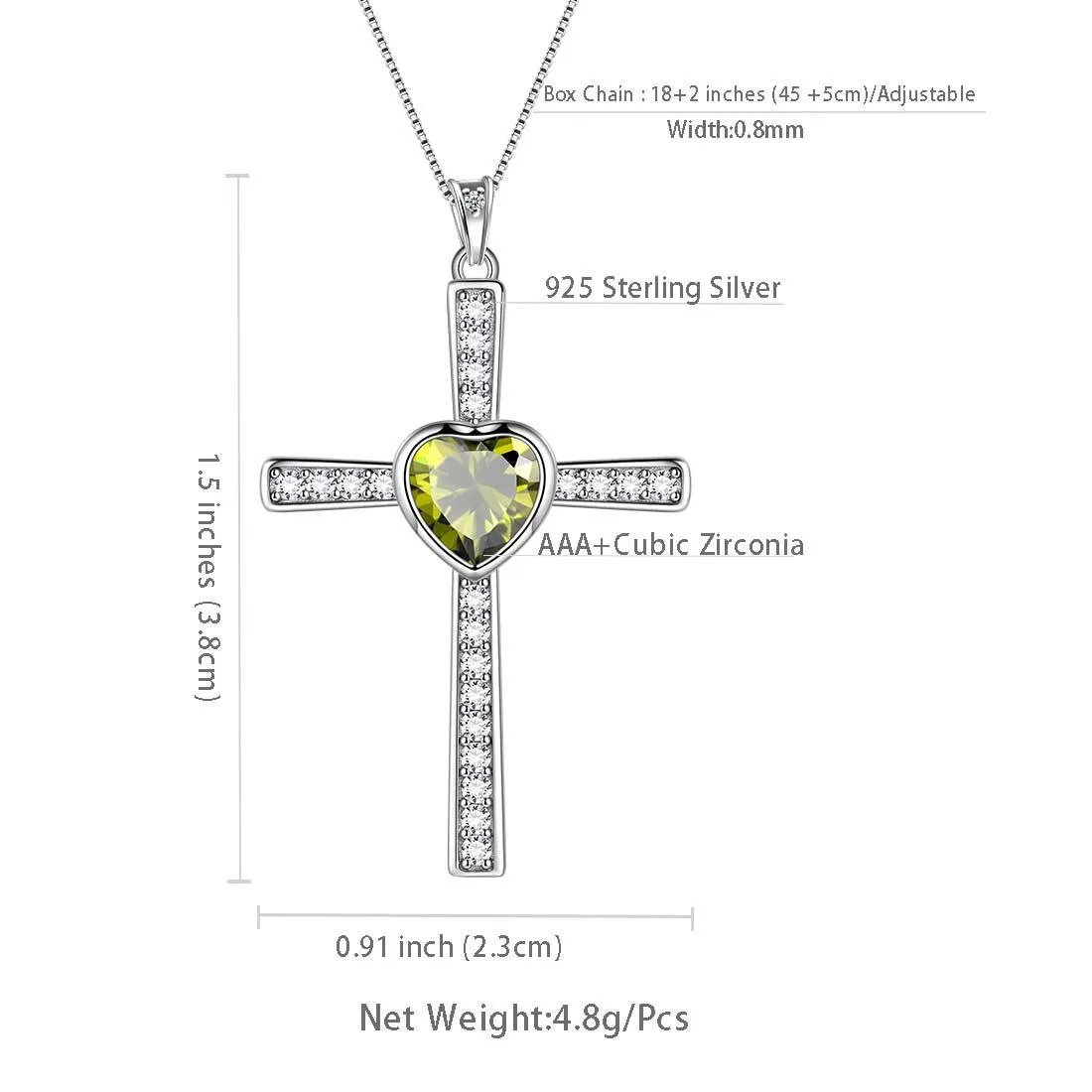 Heart Birthstone August Peridot Cross Necklace Pendant Women Girls Jewelry Birthday Gift