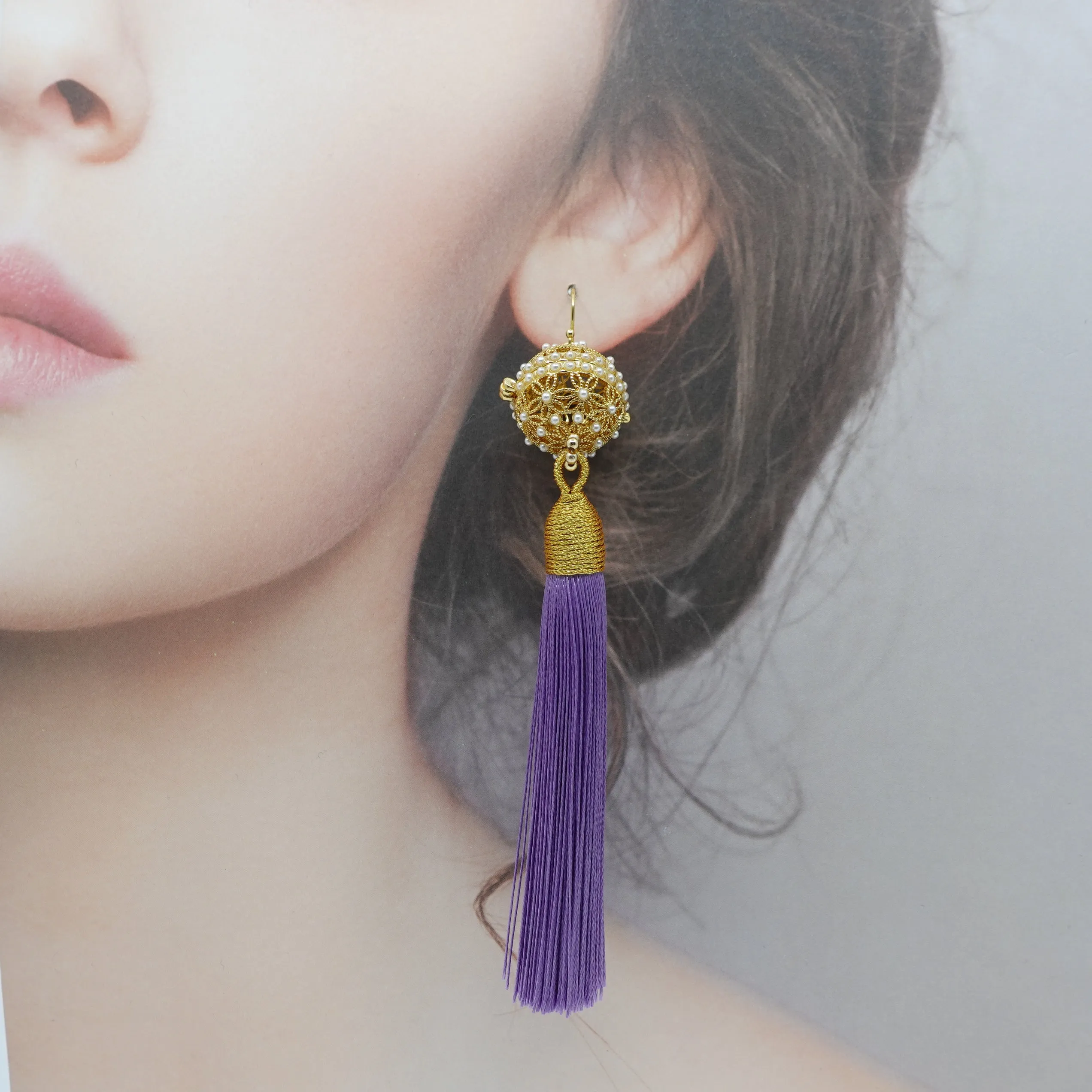 Herbal Locket Silk Tassel Earrings - Purple