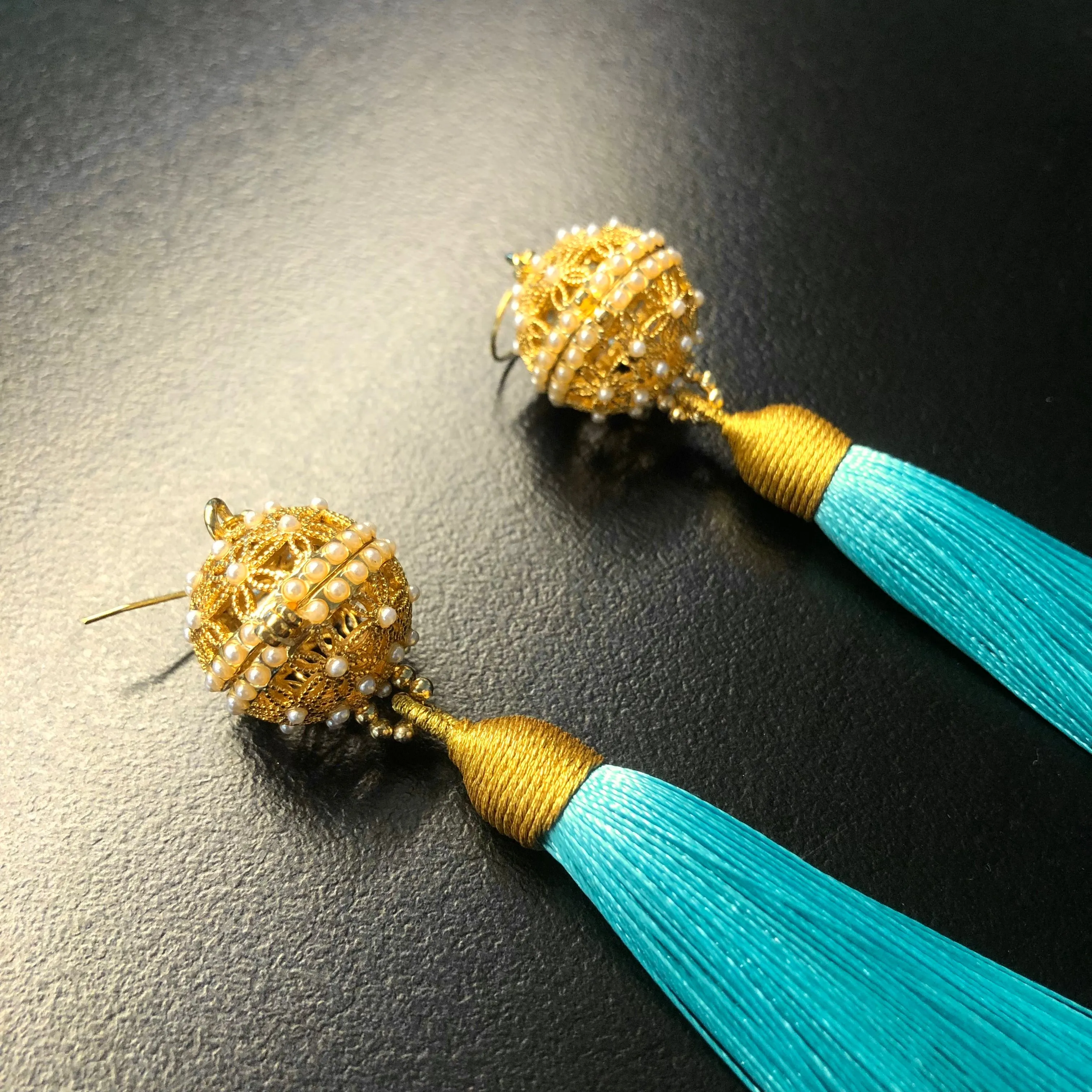 Herbal Locket Silk Tassel Earrings - Turquoise Blue