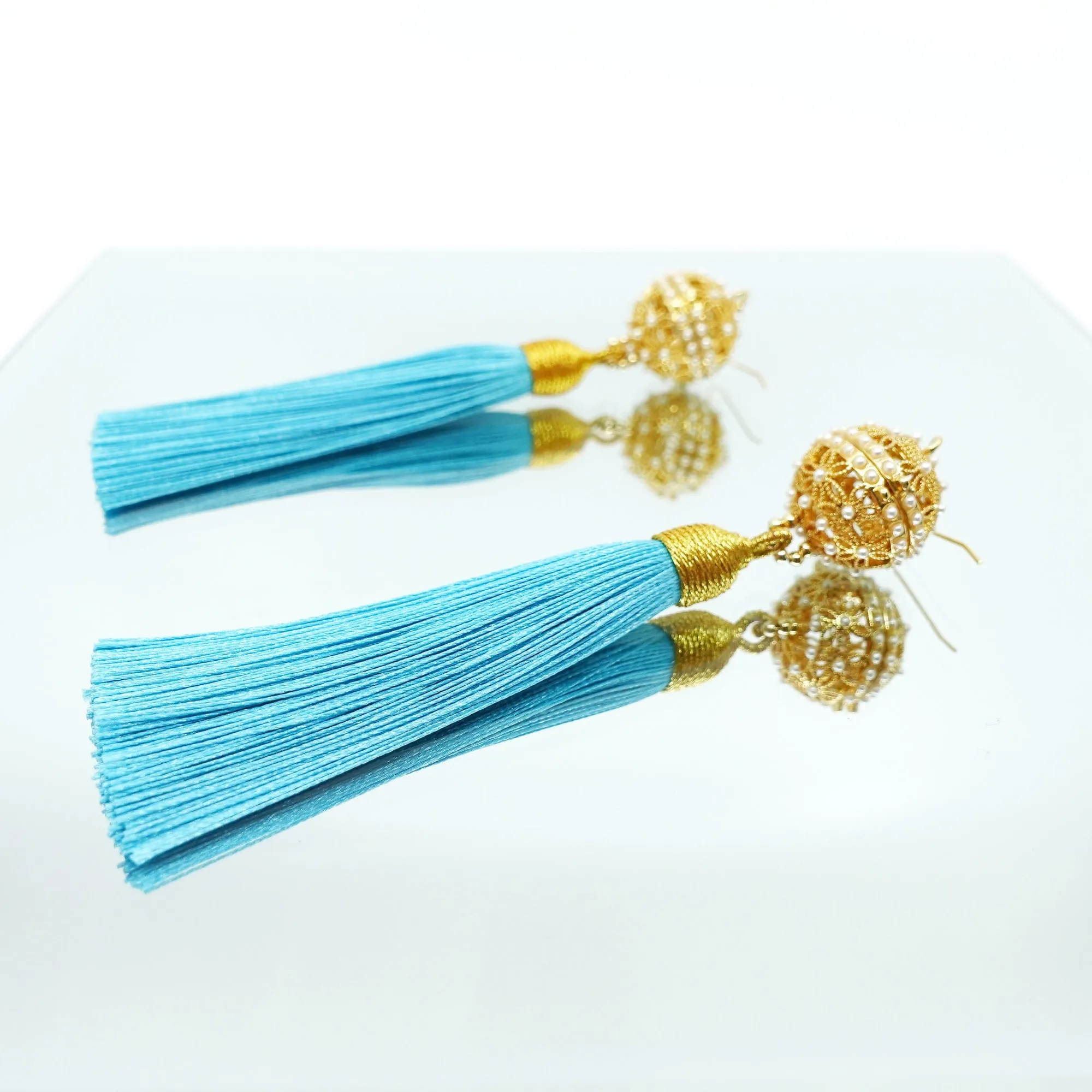 Herbal Locket Silk Tassel Earrings - Turquoise Blue