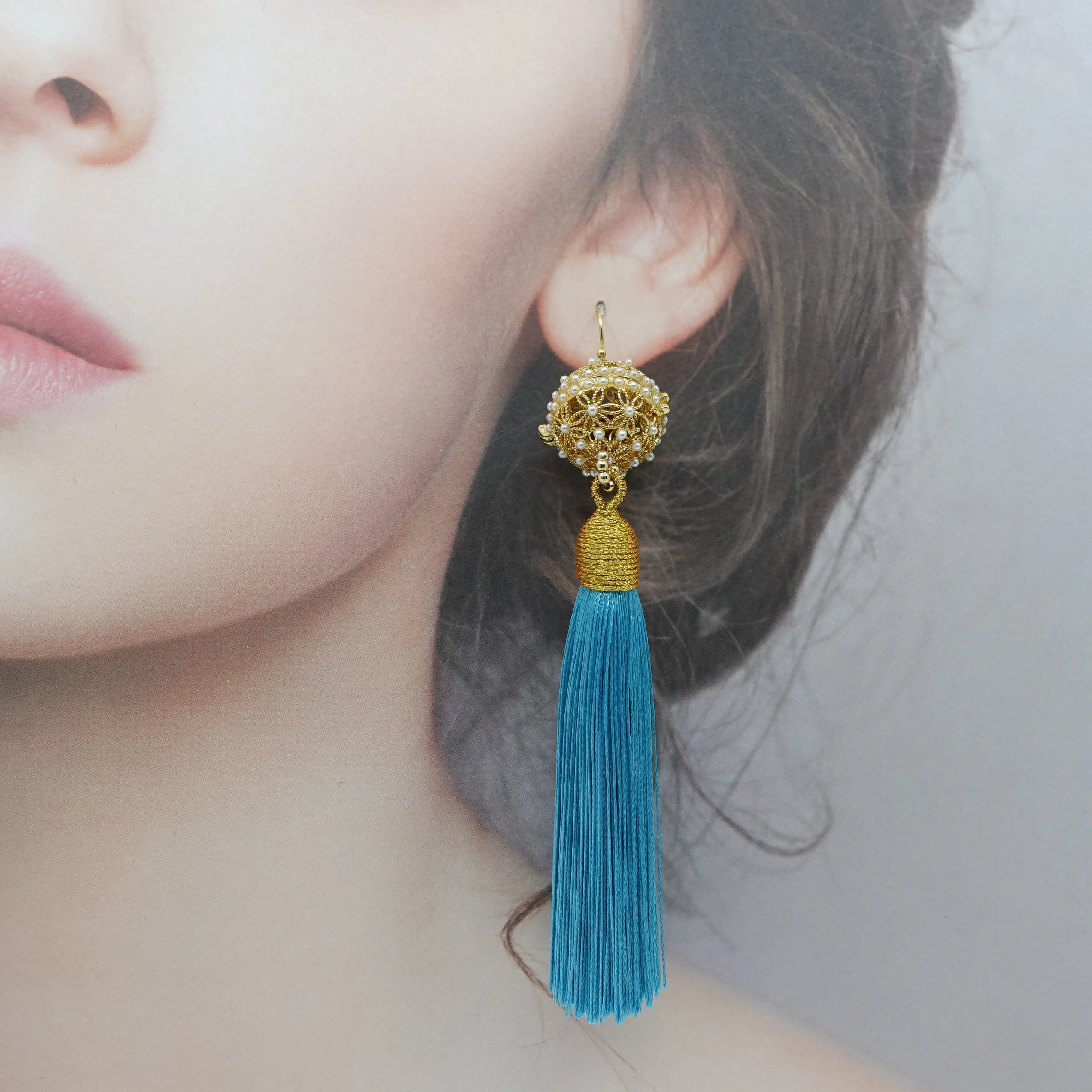 Herbal Locket Silk Tassel Earrings - Turquoise Blue