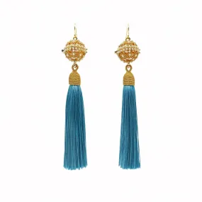 Herbal Locket Silk Tassel Earrings - Turquoise Blue