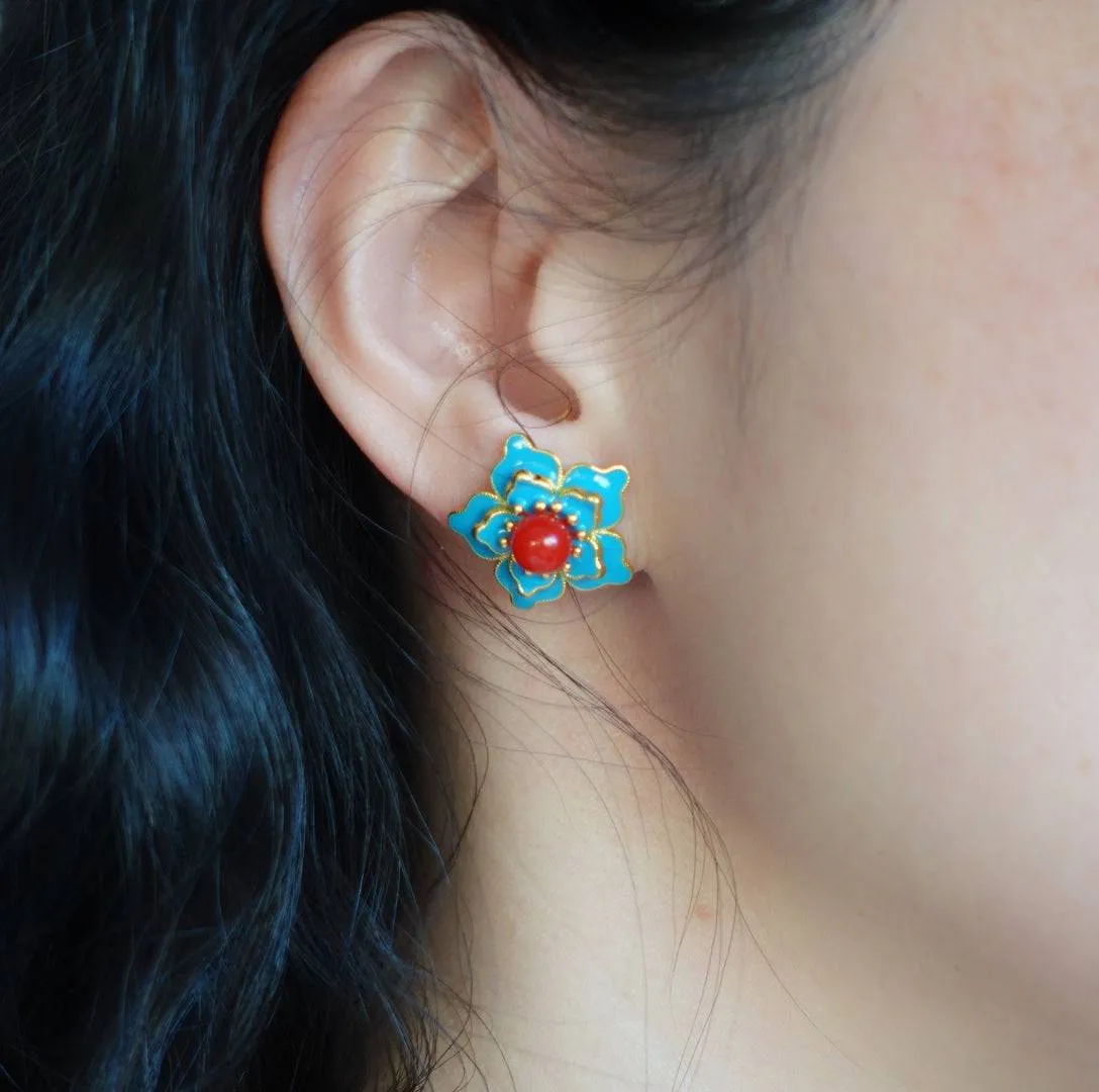 Imitation Kingfisher Enamel Floral Stud Earrings