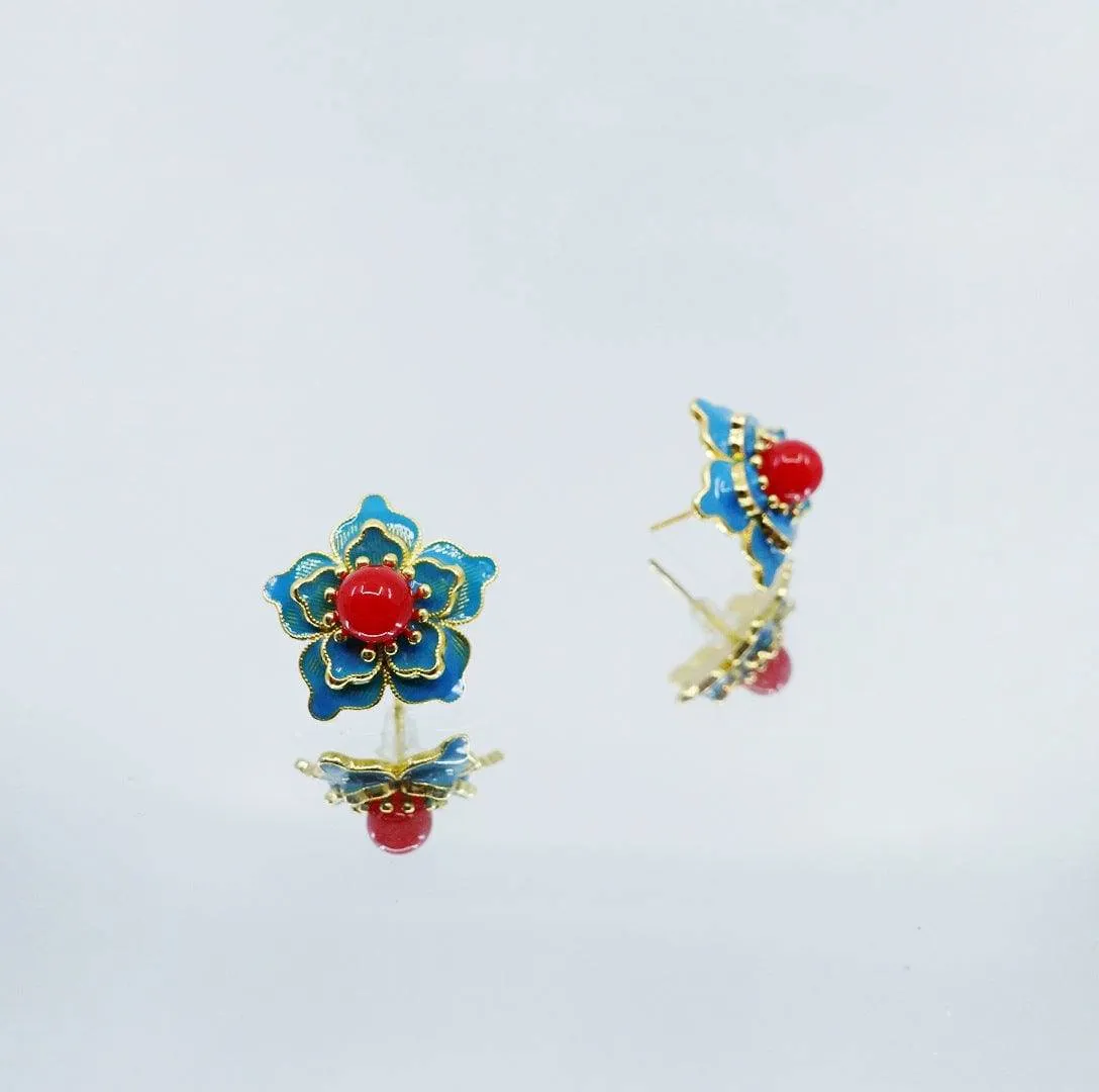 Imitation Kingfisher Enamel Floral Stud Earrings