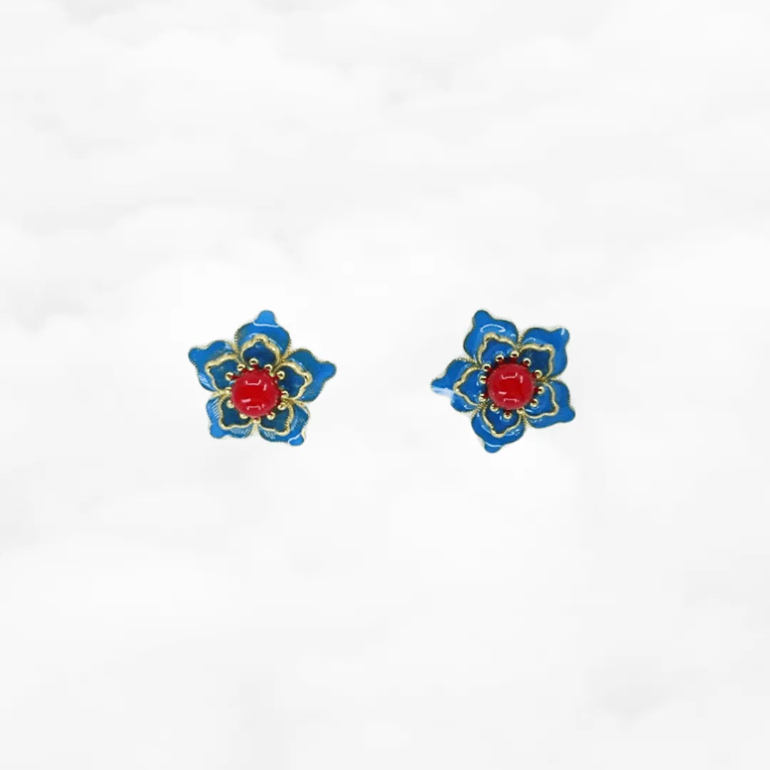 Imitation Kingfisher Enamel Floral Stud Earrings