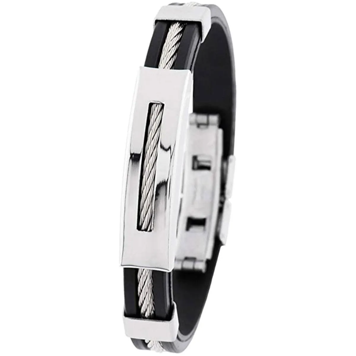 Invicta Men's Bracelet - Elements Silver Tone Wire Black Rubber Strap | 35410