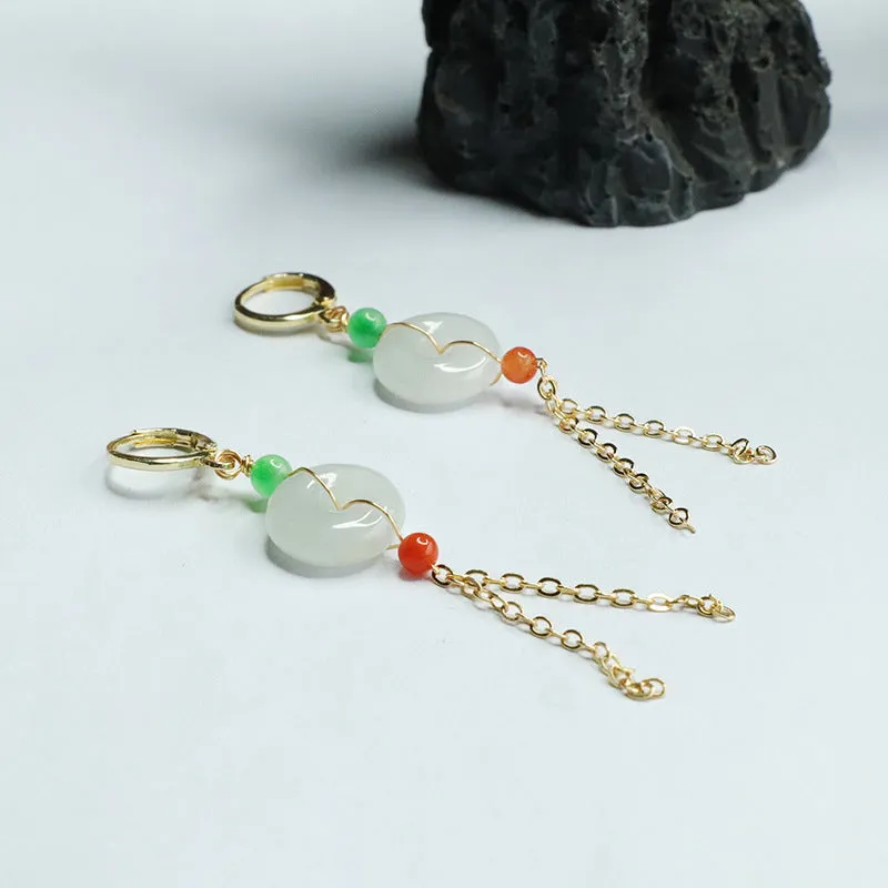 Jade Fortune's Favor Sterling Silver Earrings with Golden Tassel Hangers