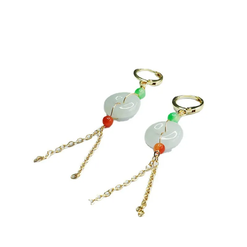 Jade Fortune's Favor Sterling Silver Earrings with Golden Tassel Hangers