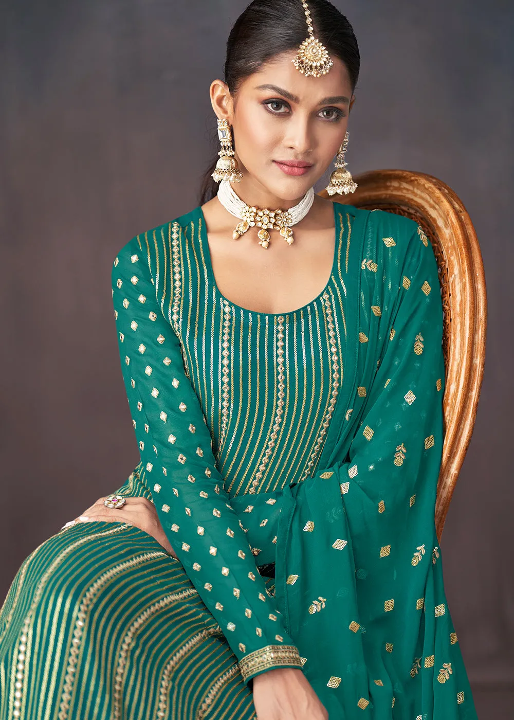 Jade Green Georgette Embellished Festive Sharara Suit