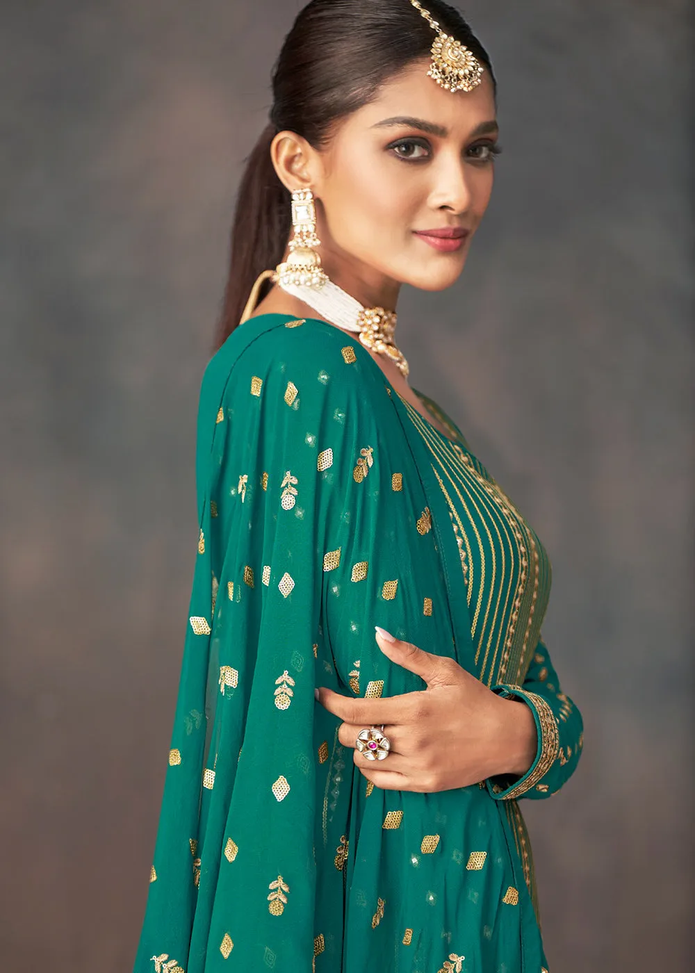 Jade Green Georgette Embellished Festive Sharara Suit