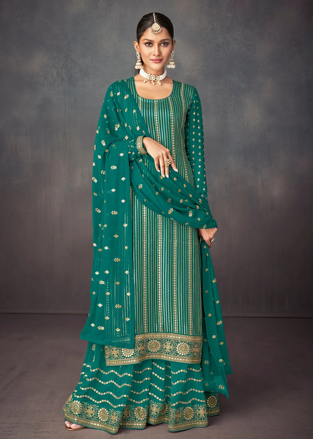 Jade Green Georgette Embellished Festive Sharara Suit