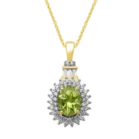 Jewelili 14K Yellow Gold Over Sterling Silver With Oval Shape Peridot, Baguette and Round Created White Sapphire Halo Pendant Necklace